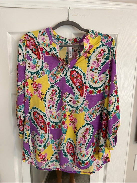 Dear Scarlett Tops - Floral Paisley Print V-Neck Women’s Top in Yellow & Purple